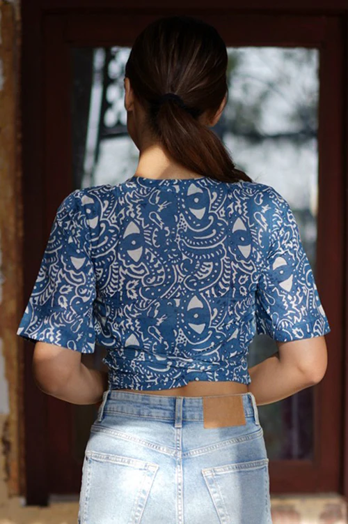 Creative Bee 'SERENE' Handwoven Natural Dyed Block Printed Cotton Wrap Crop Top - Image 4