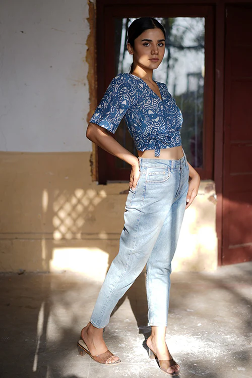 Creative Bee 'SERENE' Handwoven Natural Dyed Block Printed Cotton Wrap Crop Top - Image 5