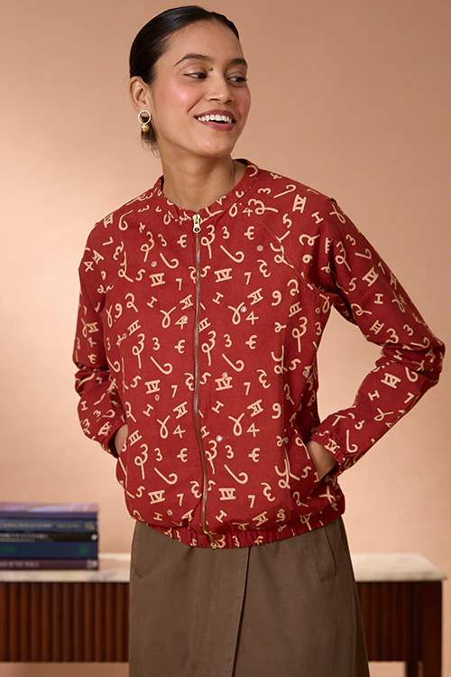 Okhai "Crimson Count" Handblock Printed Ajrakh Pure Cotton Mirrorwork Bomber Jacket - Image 3