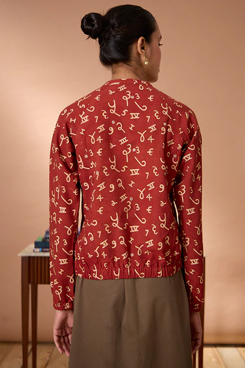 Okhai "Crimson Count" Handblock Printed Ajrakh Pure Cotton Mirrorwork Bomber Jacket - Image 4