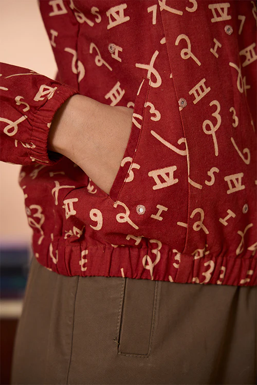 Okhai "Crimson Count" Handblock Printed Ajrakh Pure Cotton Mirrorwork Bomber Jacket - Image 6