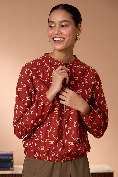 Okhai "Crimson Count" Handblock Printed Ajrakh Pure Cotton Mirrorwork Bomber Jacket - Image 7