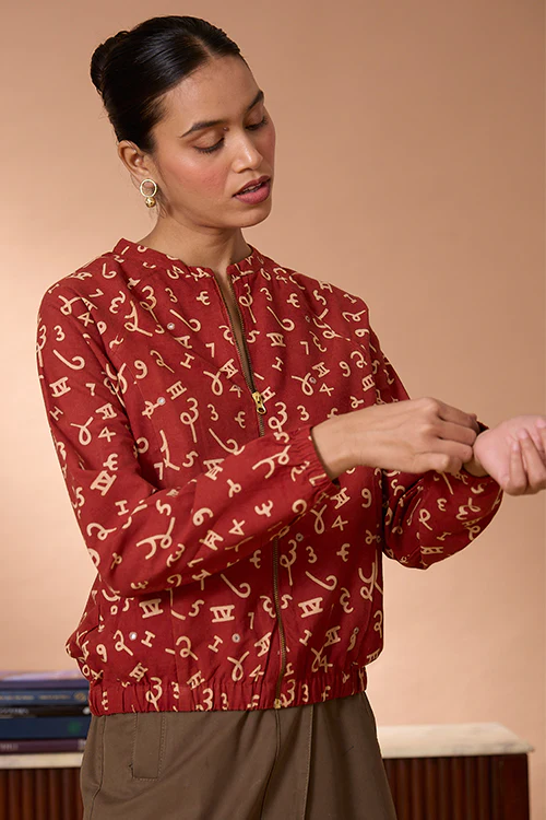 Okhai "Crimson Count" Handblock Printed Ajrakh Pure Cotton Mirrorwork Bomber Jacket - Image 8