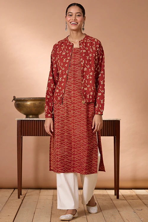 Okhai "Crimson Count" Handblock Printed Ajrakh Pure Cotton Mirrorwork Bomber Jacket - Image 9