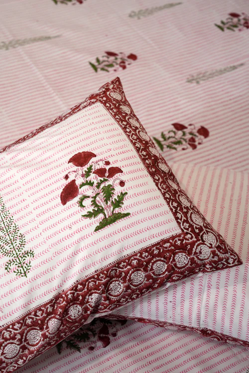 Sooti Syahi Crimson Poppy Hand Block Printed Cotton Percale Bedsheet - Image 2