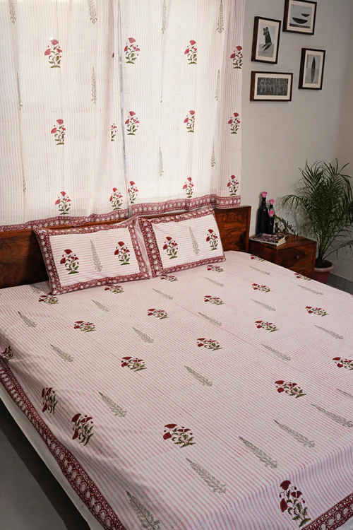 Sooti Syahi Crimson Poppy Hand Block Printed Cotton Percale Bedsheet - Image 3