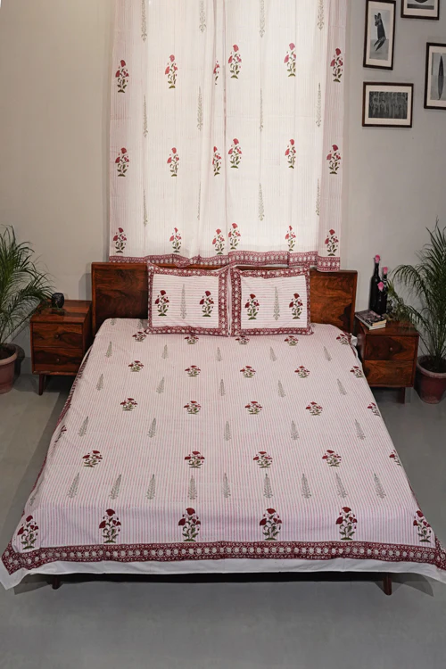 Sooti Syahi Crimson Poppy Hand Block Printed Cotton Percale Bedsheet - Image 4