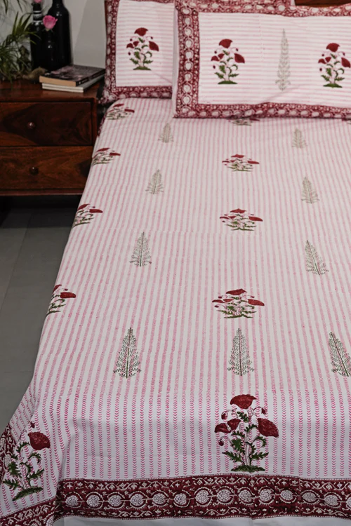 Sooti Syahi Crimson Poppy Hand Block Printed Cotton Percale Bedsheet - Image 5