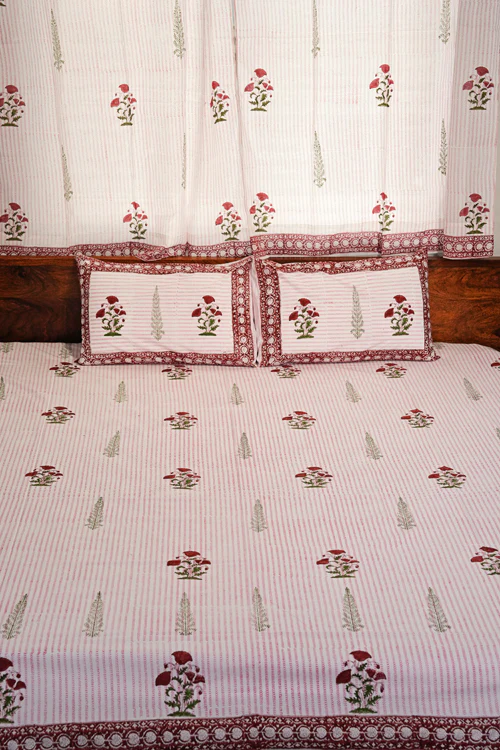 Sooti Syahi Crimson Poppy Hand Block Printed Cotton Percale Bedsheet - Image 6
