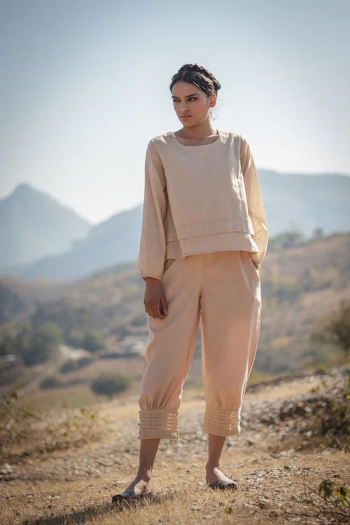 Sadhna Beige Cuff Pants with Cutwork Embroidery Hem - Image 3
