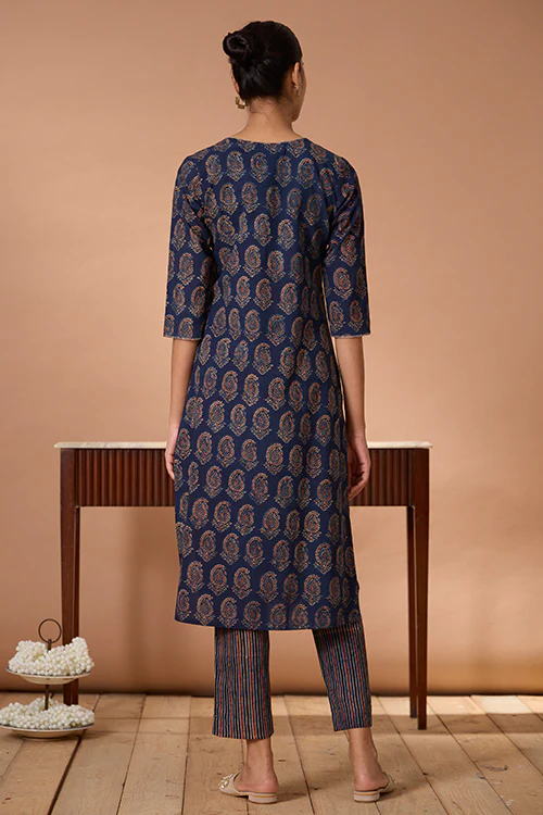 Okhai "Cypress Valley" Hand Embroidered Handblock Printed Ajrakh Pure Cotton Kurta Pant Set - Image 3
