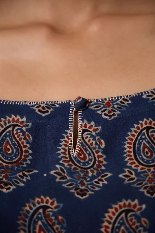 Okhai "Cypress Valley" Hand Embroidered Handblock Printed Ajrakh Pure Cotton Kurta Pant Set - Image 4