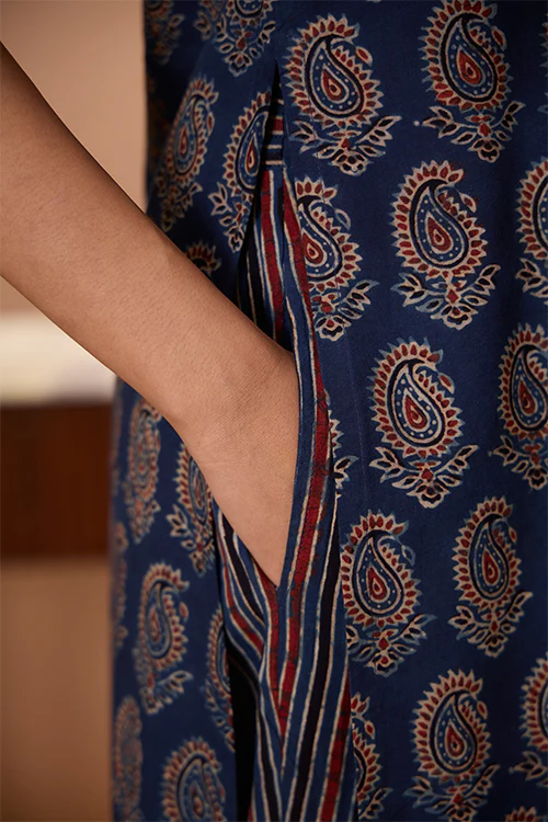Okhai "Cypress Valley" Hand Embroidered Handblock Printed Ajrakh Pure Cotton Kurta Pant Set - Image 6