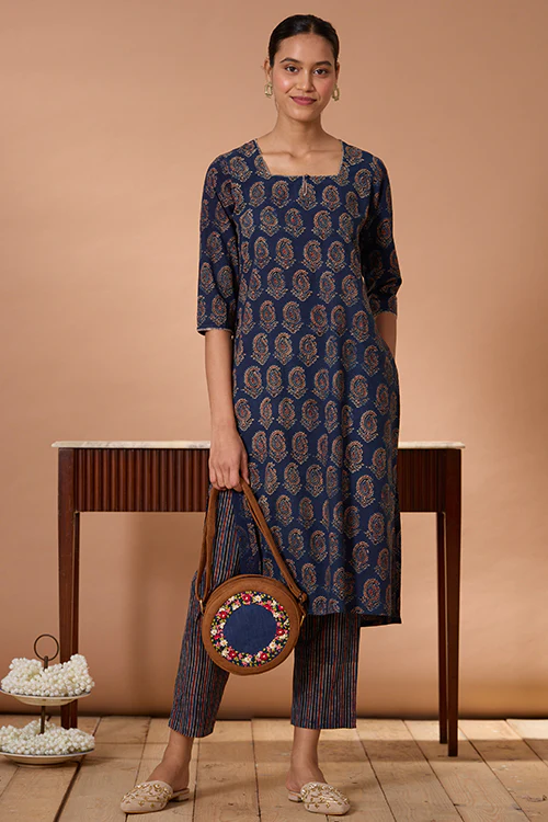 Okhai "Cypress Valley" Hand Embroidered Handblock Printed Ajrakh Pure Cotton Kurta Pant Set - Image 7
