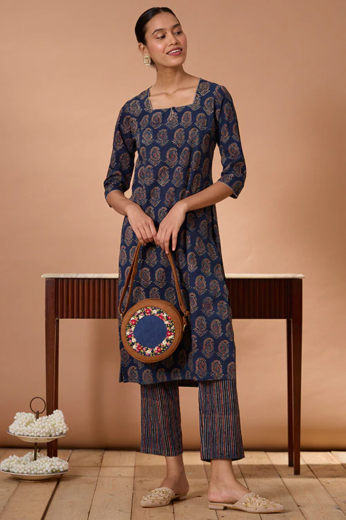 Okhai "Cypress Valley" Hand Embroidered Handblock Printed Ajrakh Pure Cotton Kurta Pant Set - Image 8