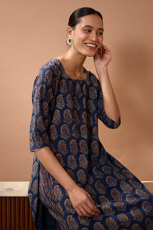 Okhai "Cypress Valley" Hand Embroidered Handblock Printed Ajrakh Pure Cotton Kurta Pant Set - Image 9
