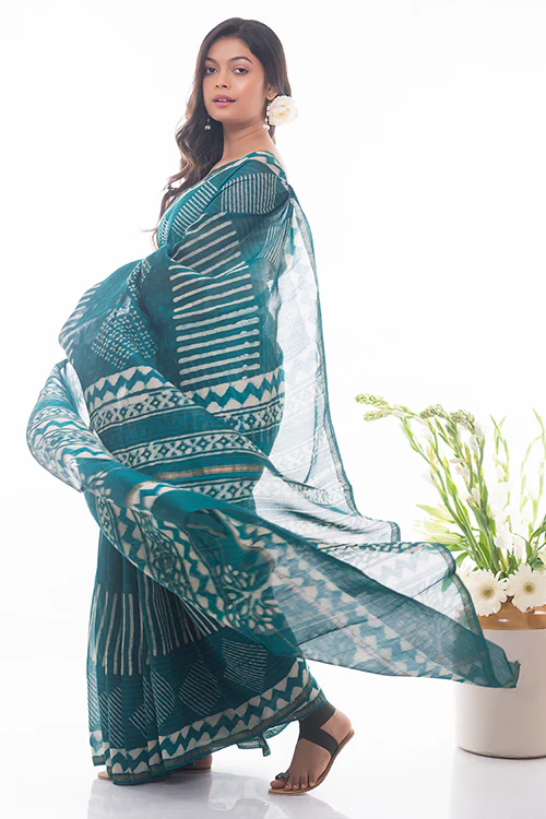 TICH Dabu Block Printed Chanderi Saree - Green Geometrics - Image 3