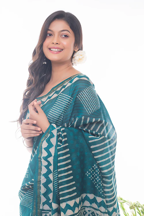 TICH Dabu Block Printed Chanderi Saree - Green Geometrics - Image 4