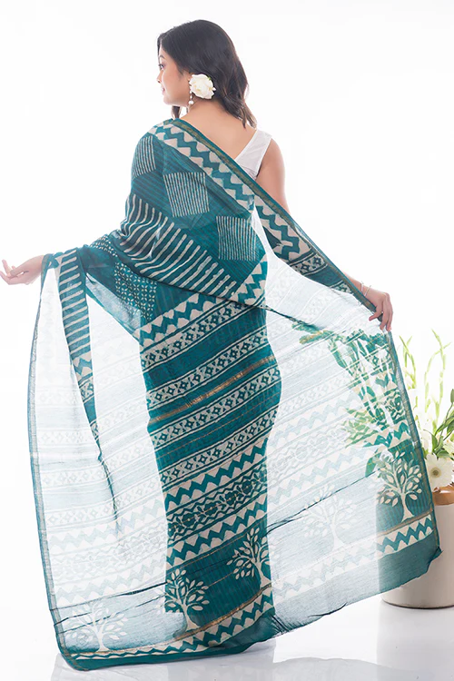 TICH Dabu Block Printed Chanderi Saree - Green Geometrics - Image 5