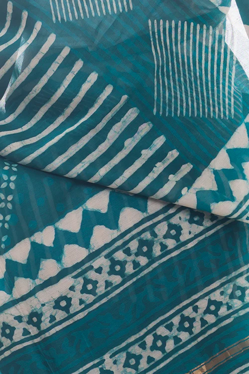 TICH Dabu Block Printed Chanderi Saree - Green Geometrics - Image 6
