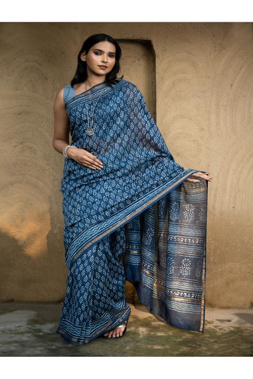 TICH Dabu Hand Block Printed Chanderi Saree - Blue Flora - Image 3