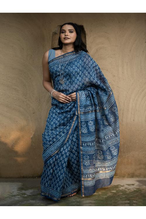 TICH Dabu Hand Block Printed Chanderi Saree - Blue Flora - Image 4