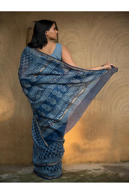 TICH Dabu Hand Block Printed Chanderi Saree - Blue Flora - Image 5