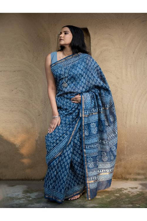 TICH Dabu Hand Block Printed Chanderi Saree - Blue Flora - Image 6