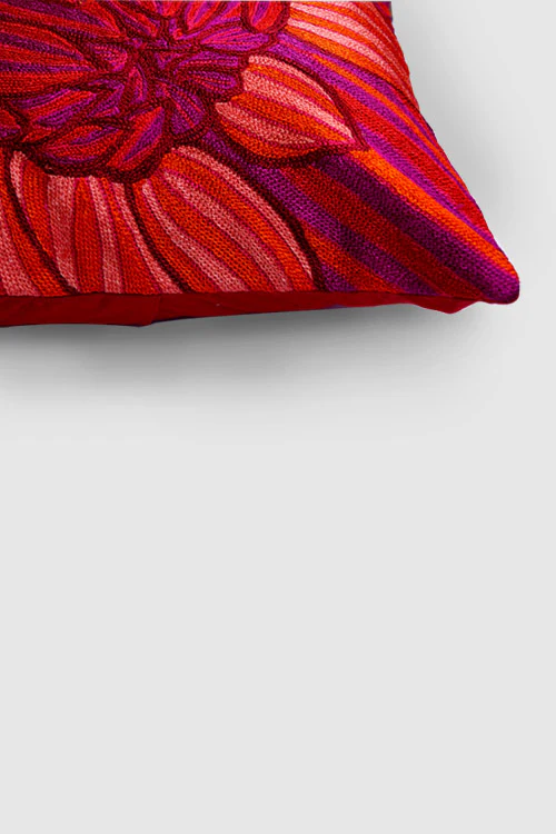 Zaina By Ctok Dahlias Chainstitch Embroidered Cushion Cover Red & Yellow - Image 2