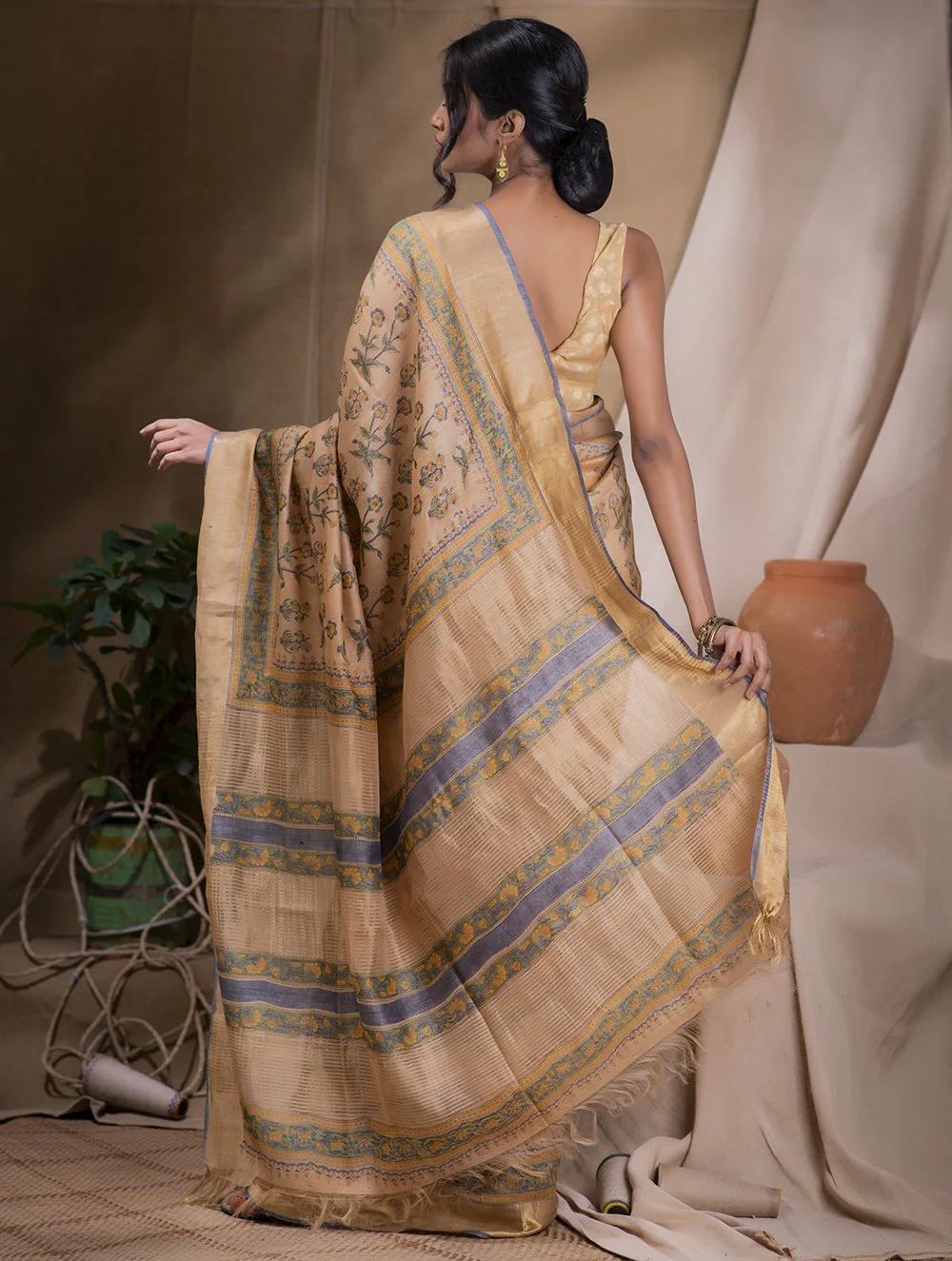 TICH Festive & Exclusive Tassar Silk Sanganeri Bagru Saree (With Blouse Piece) - Dark Beige, Green & Gold - Image 3