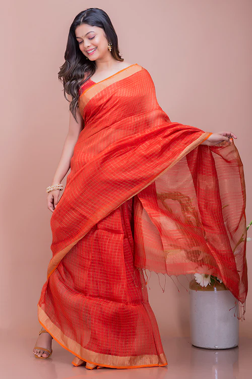 TICH Graceful Elegance. Soft Bengal Handwoven Linen Silk Zari Sari - Deep Orange & Gold - Image 3