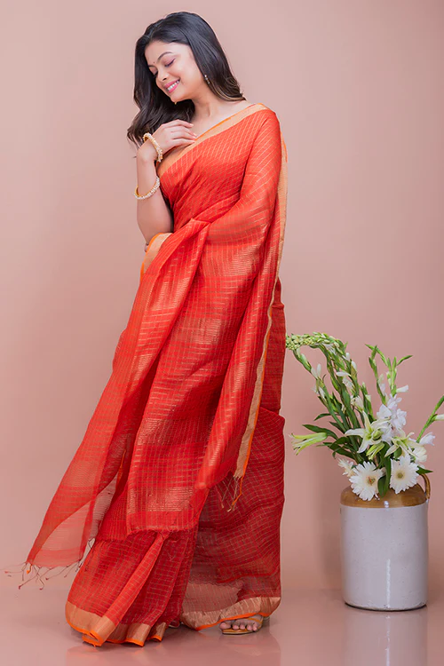 TICH Graceful Elegance. Soft Bengal Handwoven Linen Silk Zari Sari - Deep Orange & Gold - Image 4
