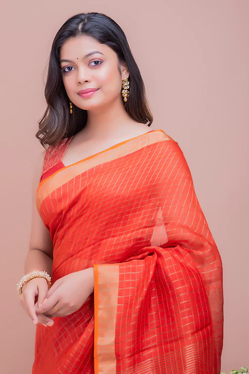 TICH Graceful Elegance. Soft Bengal Handwoven Linen Silk Zari Sari - Deep Orange & Gold - Image 5