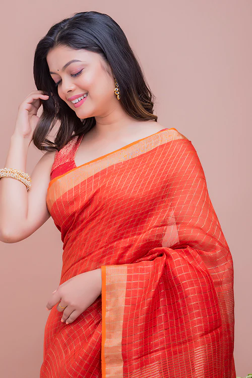 TICH Graceful Elegance. Soft Bengal Handwoven Linen Silk Zari Sari - Deep Orange & Gold - Image 6