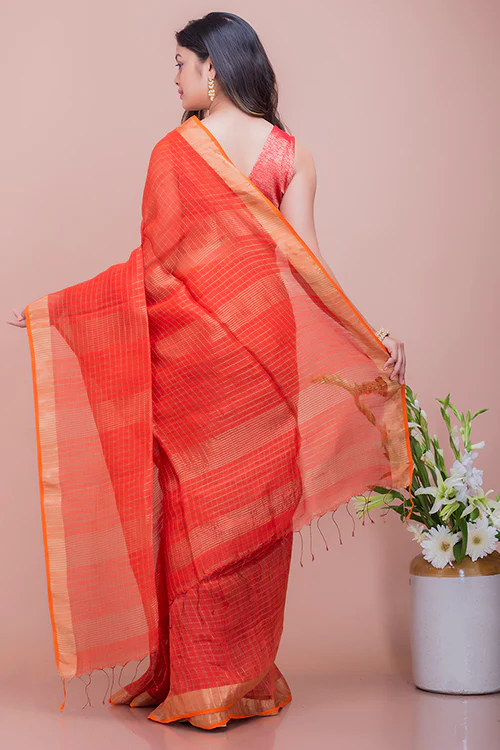 TICH Graceful Elegance. Soft Bengal Handwoven Linen Silk Zari Sari - Deep Orange & Gold - Image 7