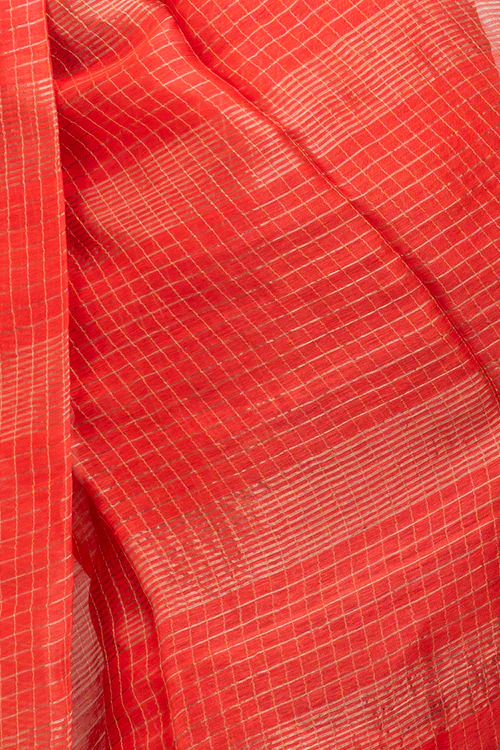TICH Graceful Elegance. Soft Bengal Handwoven Linen Silk Zari Sari - Deep Orange & Gold - Image 8