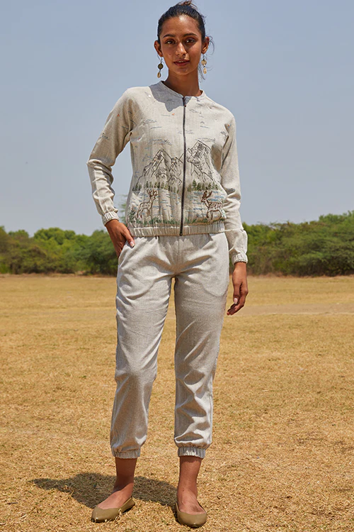 Okhai 'Deer Valley' Hand Embroidery Mirror Work Pure Cotton Bomber Jacket - Image 2