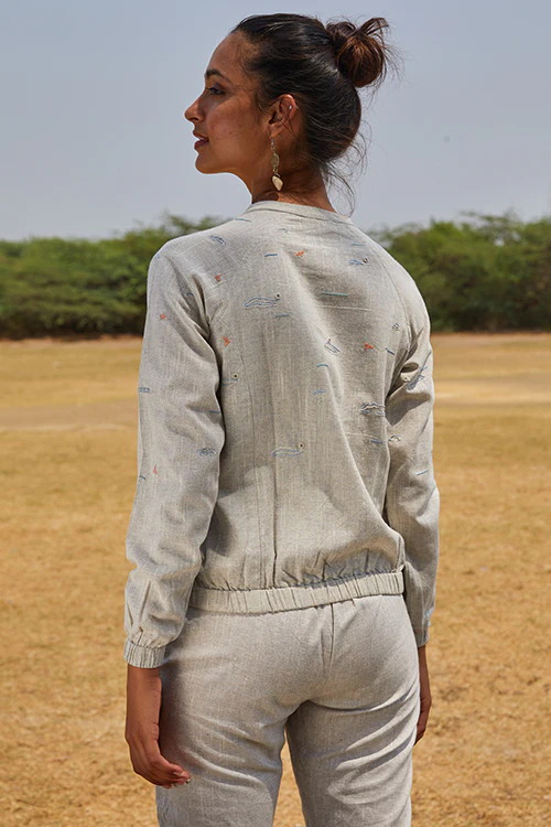 Okhai 'Deer Valley' Hand Embroidery Mirror Work Pure Cotton Bomber Jacket - Image 3