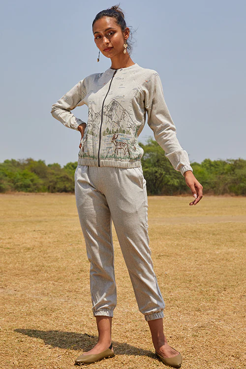 Okhai 'Deer Valley' Hand Embroidery Mirror Work Pure Cotton Bomber Jacket - Image 4
