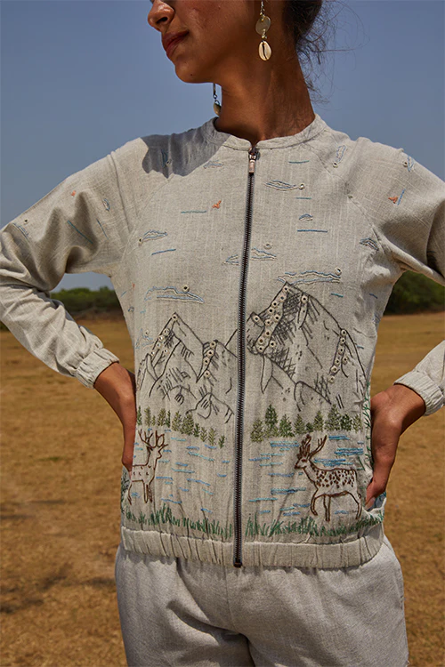 Okhai 'Deer Valley' Hand Embroidery Mirror Work Pure Cotton Bomber Jacket - Image 5