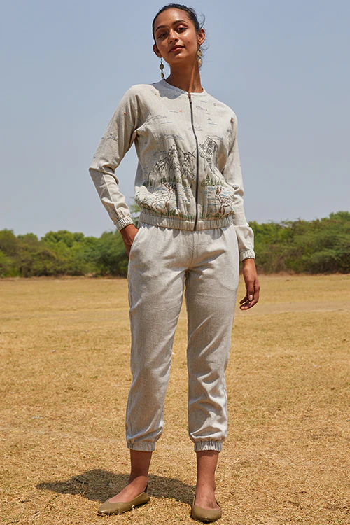 Okhai 'Deer Valley' Hand Embroidery Mirror Work Pure Cotton Bomber Jacket - Image 6