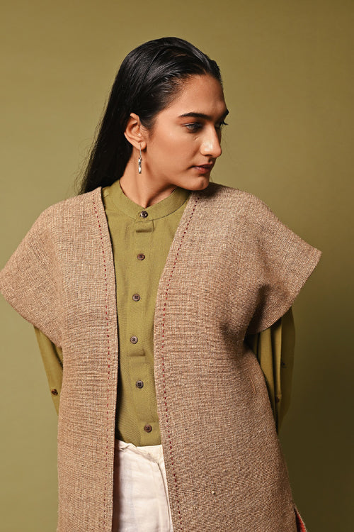 Rangsutra Grey Handwoven Cap Sleeve Woolen Jacket - Image 3