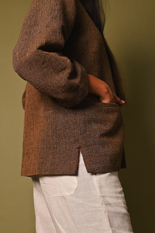 Rangsutra Handwoven Brown Full Sleeve Woolen Jacket - Image 4