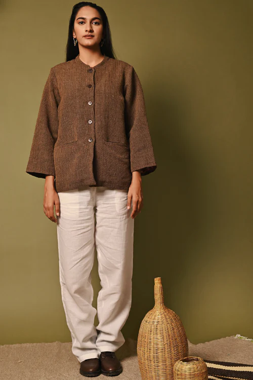 Rangsutra Handwoven Brown Full Sleeve Woolen Jacket - Image 6