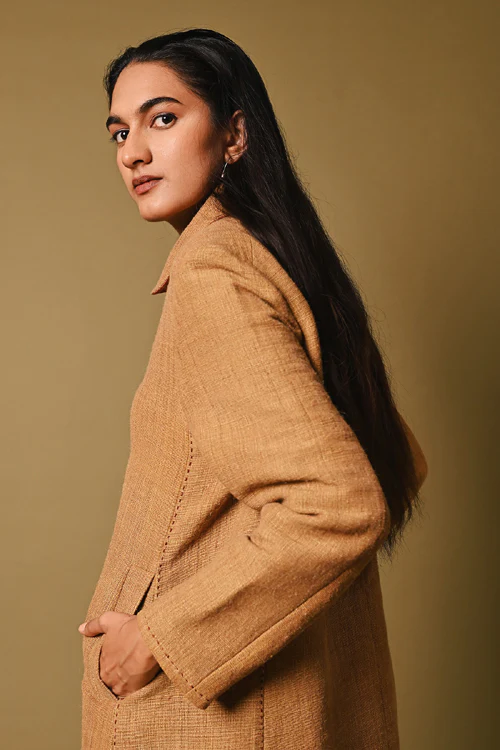 Rangsutra Mustard Handwoven Long Woolen Jacket - Image 3