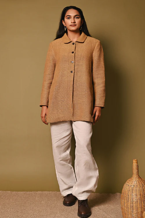 Rangsutra Mustard Handwoven Long Woolen Jacket - Image 5