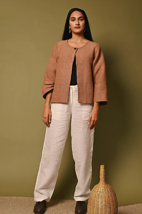 Rangsutra Pink Handwoven Round Neck Woolen Jacket - Image 2