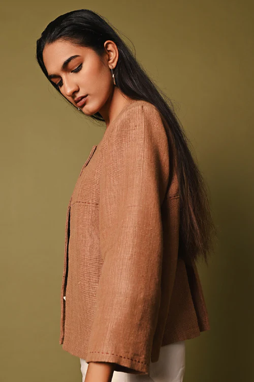 Rangsutra Pink Handwoven Round Neck Woolen Jacket - Image 3