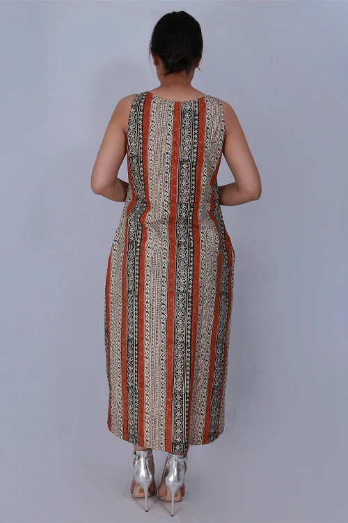 Dharan 'Bagru Border Dress' Beige Printed Sleeveless Dress - Image 3