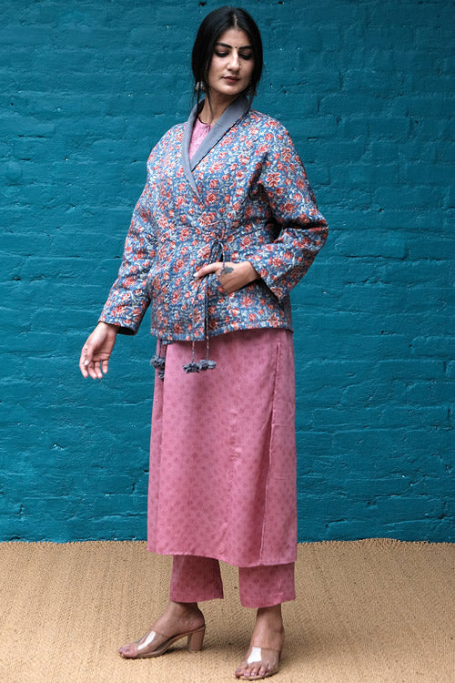 Dharan " Blue Overlap Quilted Jacket" Blue Block Printed Reversible Jacket